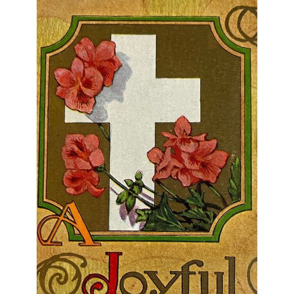 Antique Early 1900s Ephemera Litho Postcard Joyful Easter Religious Cross Floral - Picture 4 of 7